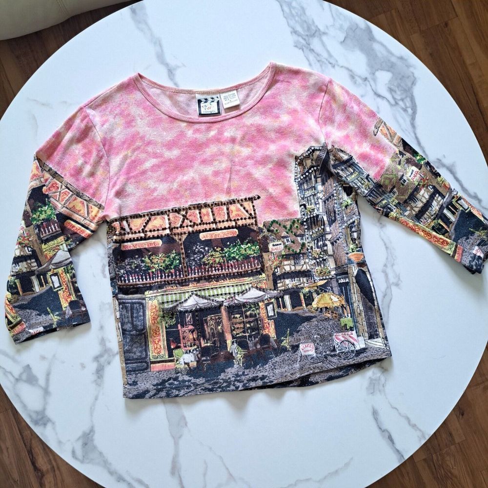 Take-Two Women's Italian French Cafe Graphic Tee 3/4 Sleeve Size L Cotton Top
